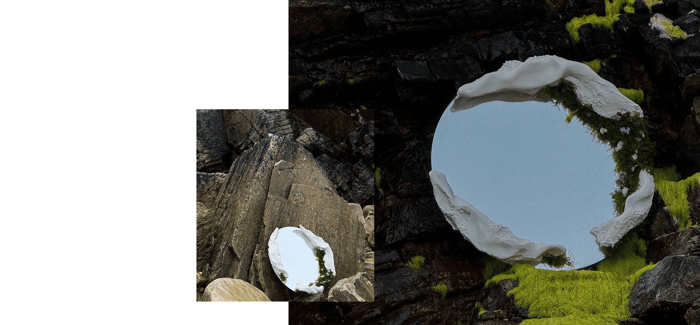 Small sculptural mirror leaning against a weathered boulder among coastal rocks
