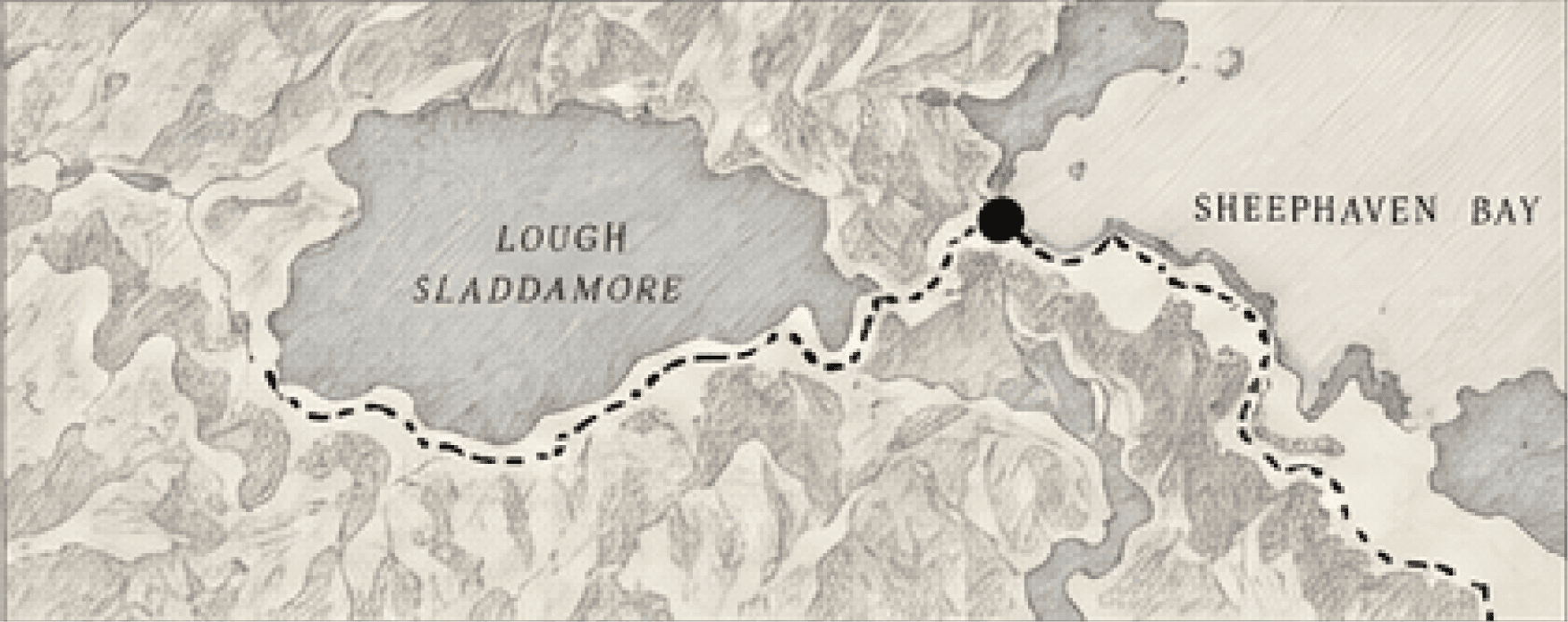 Hand-drawn map of the route from Lough Sladdamore to Sheephaven Bay