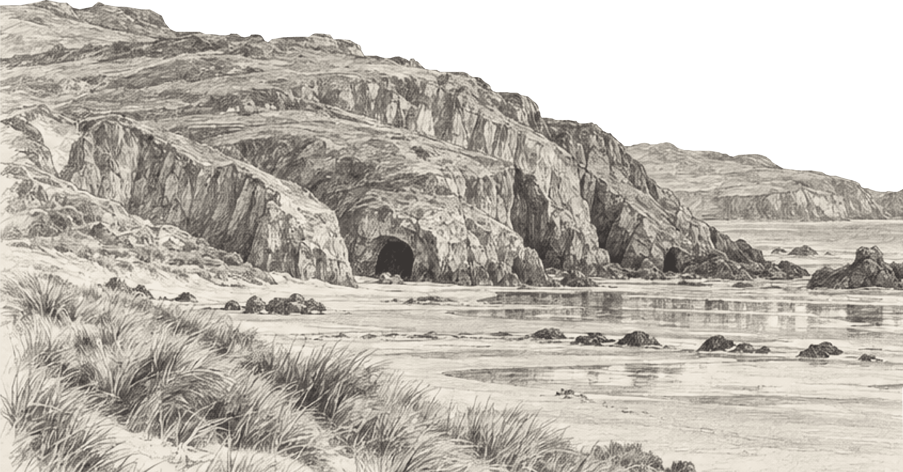Pencil etching of coastal cliffs and sea caves, viewed north-east from the dune ridge at Maghera Strand, Co. Donegal